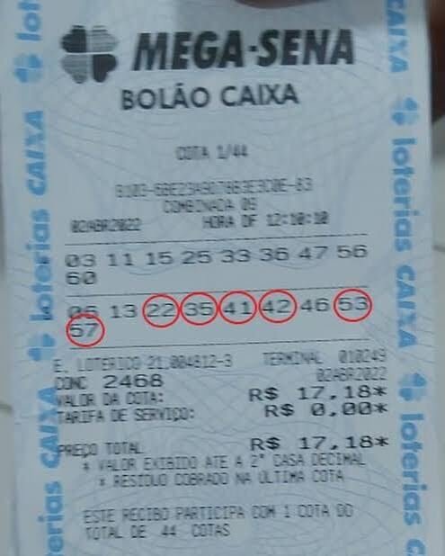 Bilhete de bolão Mega-Sena CAIXA com cotas e dezenas marcadas